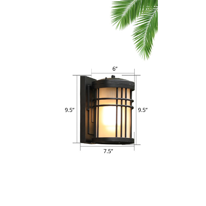 Minimalist Cylindrical Wall Sconce Opal Frosted Glass 1-Bulb Courtyard Wall Lamp in Black Black 9.5" Clearhalo 'Wall Lamps & Sconces' 'Wall Lights' Lighting' 2408413