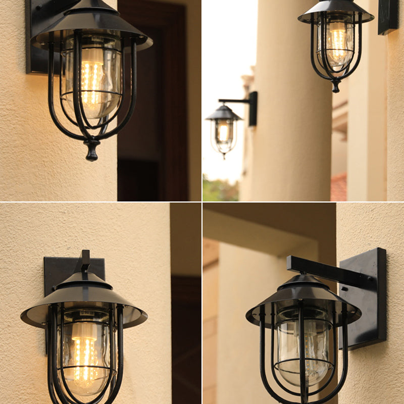 Caged Glass Wall Mounted Lighting Rustic 1 Bulb Outdoor Wall Sconce Light in Black Clearhalo 'Wall Lamps & Sconces' 'Wall Lights' Lighting' 2408426