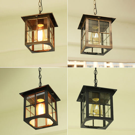 Country Gridded Box Pendant Light Single Transparent Glass Hanging Lamp for Garden Clearhalo 'Ceiling Lights' 'Pendant Lights' 'Pendants' Lighting' 2408430