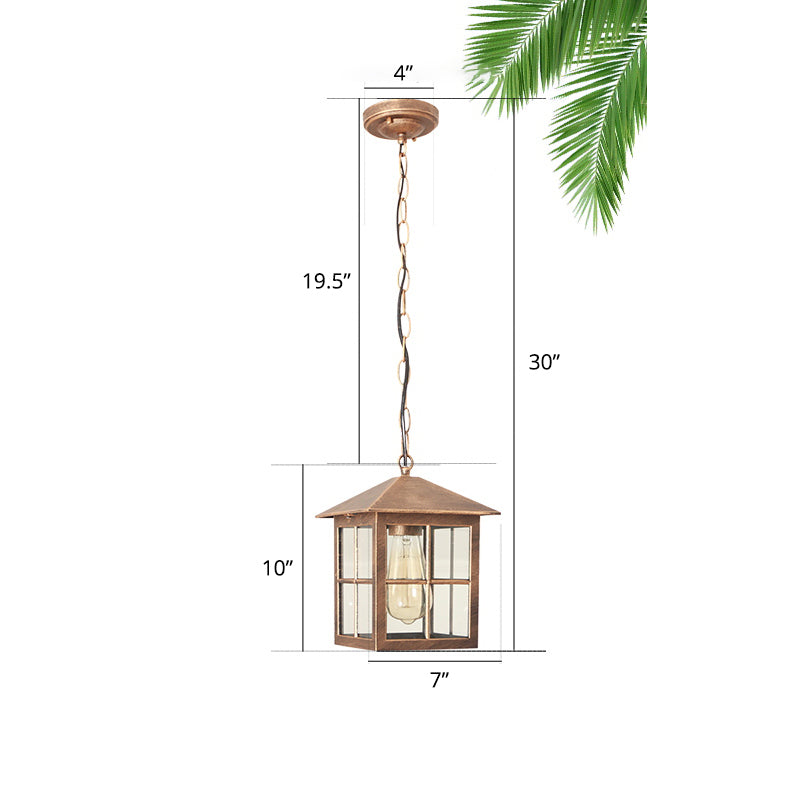 Country Gridded Box Pendant Light Single Transparent Glass Hanging Lamp for Garden Bronze Clearhalo 'Ceiling Lights' 'Pendant Lights' 'Pendants' Lighting' 2408431