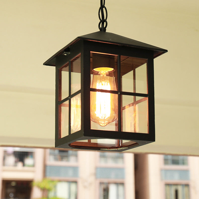 Country Gridded Box Pendant Light Single Transparent Glass Hanging Lamp for Garden Clearhalo 'Ceiling Lights' 'Pendant Lights' 'Pendants' Lighting' 2408432