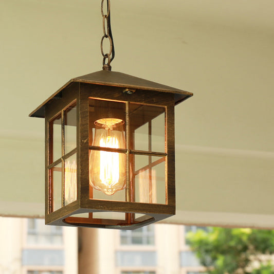 Country Gridded Box Pendant Light Single Transparent Glass Hanging Lamp for Garden Clearhalo 'Ceiling Lights' 'Pendant Lights' 'Pendants' Lighting' 2408433