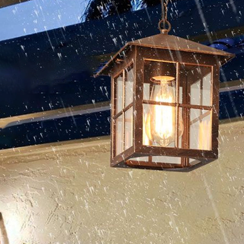 Country Gridded Box Pendant Light Single Transparent Glass Hanging Lamp for Garden Clearhalo 'Ceiling Lights' 'Pendant Lights' 'Pendants' Lighting' 2408434