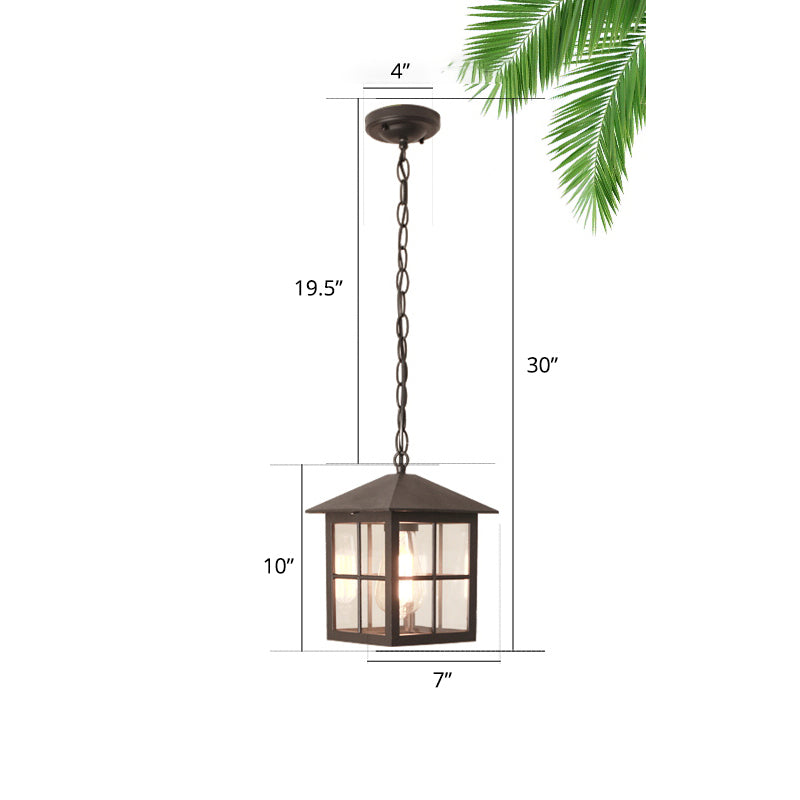 Country Gridded Box Pendant Light Single Transparent Glass Hanging Lamp for Garden Black Clearhalo 'Ceiling Lights' 'Pendant Lights' 'Pendants' Lighting' 2408435