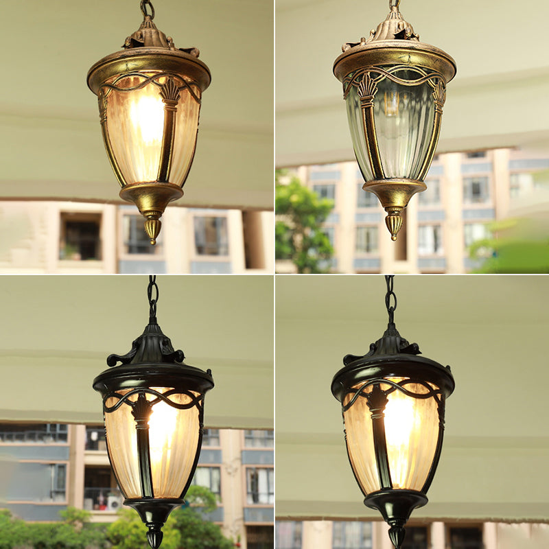 Single Bulb Drop Pendant Antique Bell Shaped Ribbed Glass Suspension Lighting for Outdoor Clearhalo 'Ceiling Lights' 'Pendant Lights' 'Pendants' Lighting' 2408443