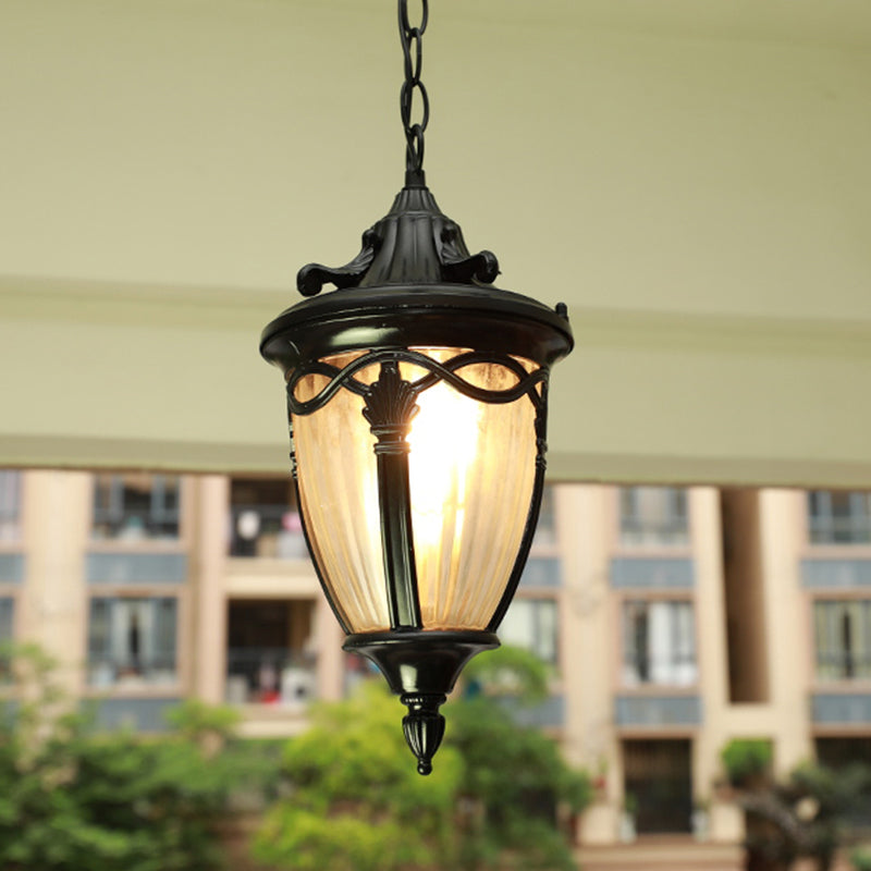 Single Bulb Drop Pendant Antique Bell Shaped Ribbed Glass Suspension Lighting for Outdoor Clearhalo 'Ceiling Lights' 'Pendant Lights' 'Pendants' Lighting' 2408445