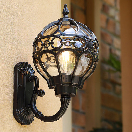 Sphere Outdoor Wall Mount Light Retro Clear Glass 1 Bulb Wall Sconce with Cage Guard Clearhalo 'Wall Lamps & Sconces' 'Wall Lights' Lighting' 2408451