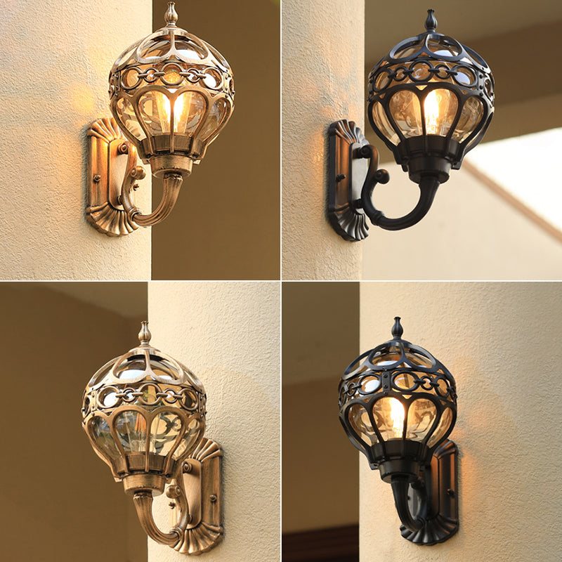 Sphere Outdoor Wall Mount Light Retro Clear Glass 1 Bulb Wall Sconce with Cage Guard Clearhalo 'Wall Lamps & Sconces' 'Wall Lights' Lighting' 2408453