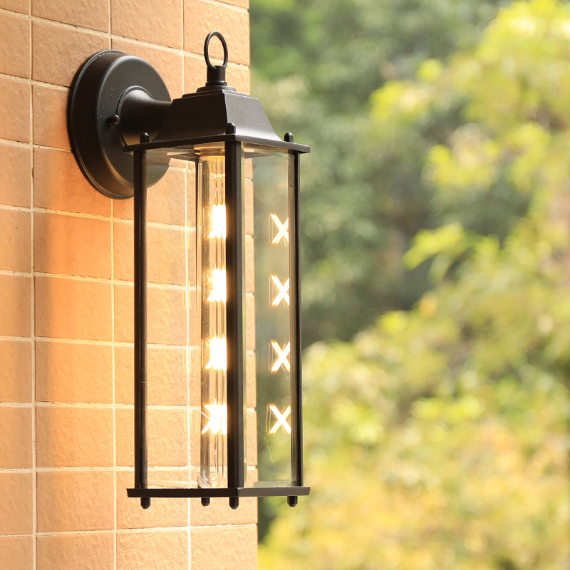 Glass Box Wall Sconce Lamp Simplicity 1 Head Outdoor Wall Mounted Lighting in Black Clearhalo 'Wall Lamps & Sconces' 'Wall Lights' Lighting' 2408490