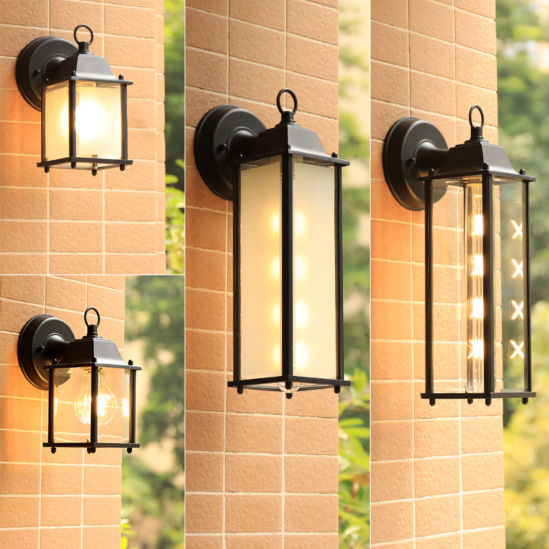 Glass Box Wall Sconce Lamp Simplicity 1 Head Outdoor Wall Mounted Lighting in Black Clearhalo 'Wall Lamps & Sconces' 'Wall Lights' Lighting' 2408492