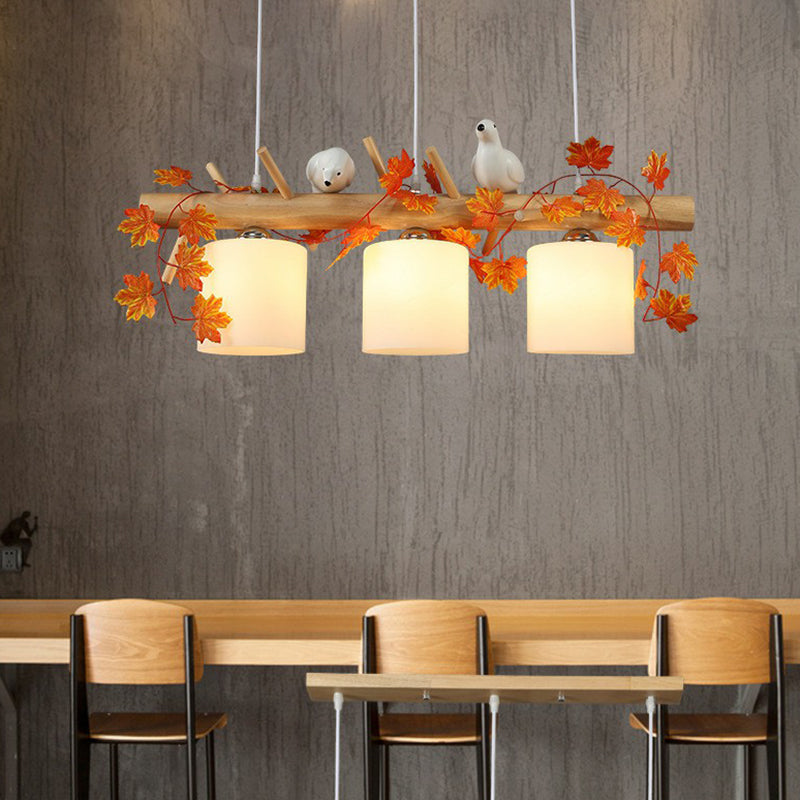 Milk Glass Cylindrical Island Lamp Country Style Restaurant Suspension Light with Resin Bird Deco Clearhalo 'Ceiling Lights' 'Glass shade' 'Glass' 'Island Lights' 'Pendant Lights' Lighting' 2408561