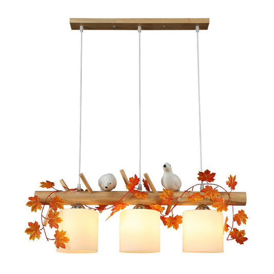 Milk Glass Cylindrical Island Lamp Country Style Restaurant Suspension Light with Resin Bird Deco Clearhalo 'Ceiling Lights' 'Glass shade' 'Glass' 'Island Lights' 'Pendant Lights' Lighting' 2408563