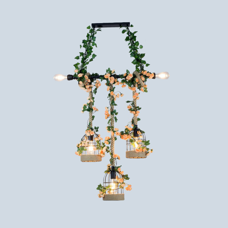 Birdcage Dining Room Island Ceiling Light Rustic Iron Suspended Lighting Fixture 5 Green Clearhalo 'Ceiling Lights' 'Island Lights' Lighting' 2408573