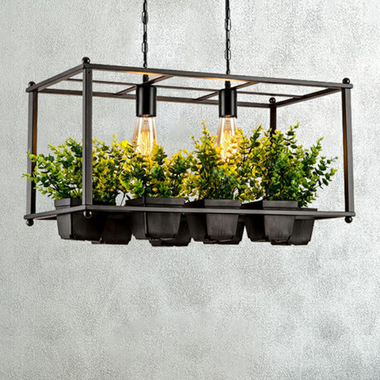 Metal Rectangular Cage Island Light Industrial 2-Bulb Living Room Pendant Light with Fake Plant Pot in Green Green Clearhalo 'Ceiling Lights' 'Island Lights' Lighting' 2408640