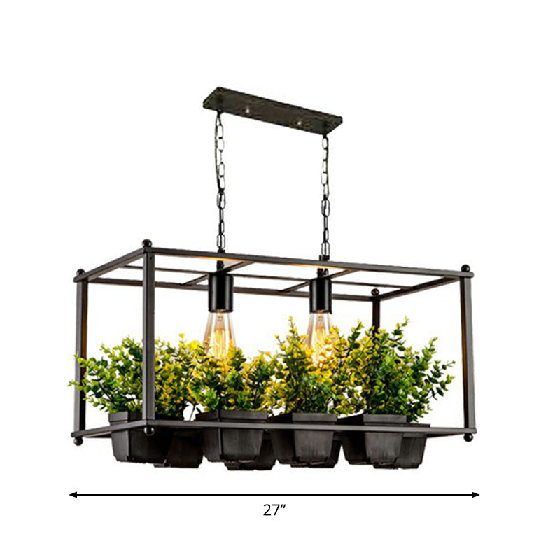 Metal Rectangular Cage Island Light Industrial 2-Bulb Living Room Pendant Light with Fake Plant Pot in Green Clearhalo 'Ceiling Lights' 'Island Lights' Lighting' 2408644