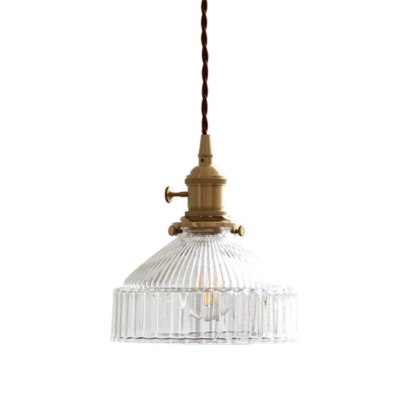 Barn Shaped Drop Pendant Minimalist Clear Rib Glass 1 Head Brass Suspension Light Clear Clearhalo 'Ceiling Lights' 'Modern Pendants' 'Modern' 'Pendant Lights' 'Pendants' Lighting' 2408682