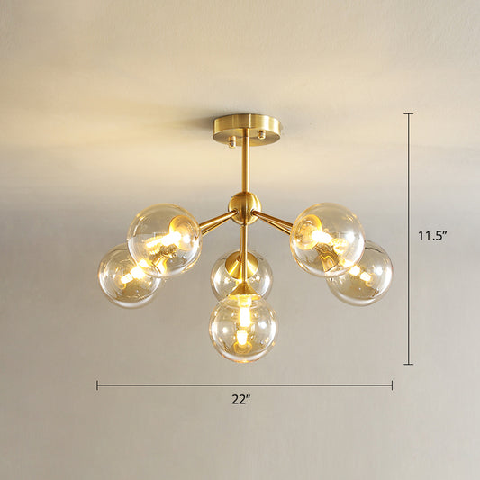 Gold Finish Branch Flush Light Postmodern Ball Glass Semi-Flush Mount Ceiling Light 6 Amber Clearhalo 'Ceiling Lights' 'Close To Ceiling Lights' 'Close to ceiling' 'Semi-flushmount' Lighting' 2408742