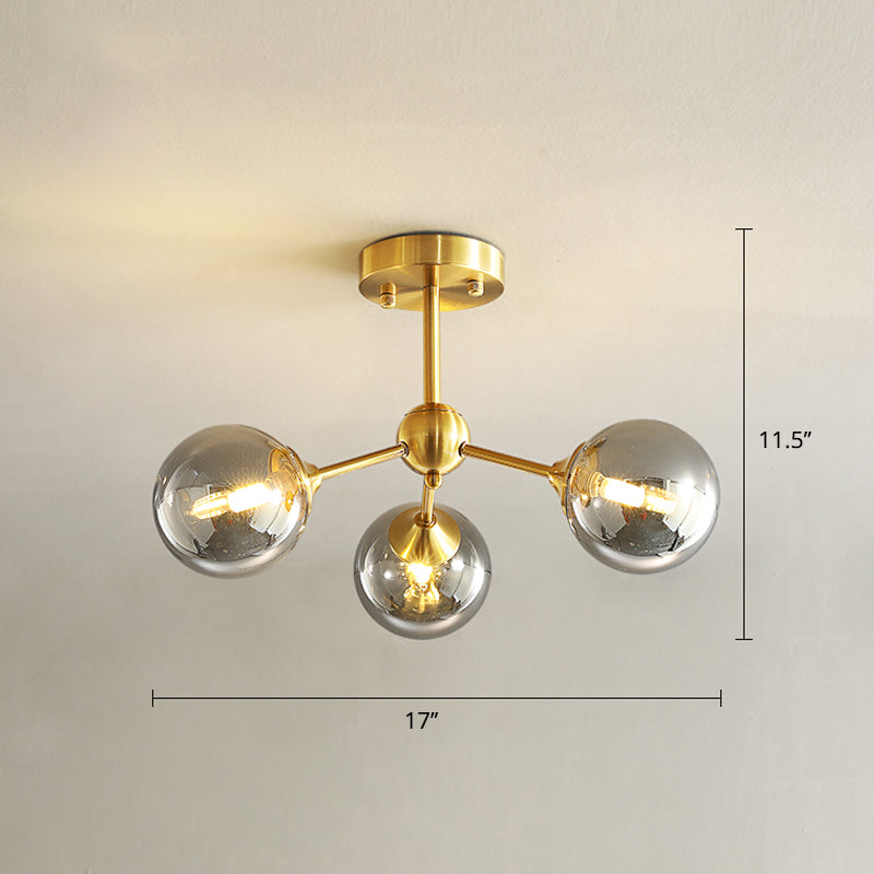 Gold Finish Branch Flush Light Postmodern Ball Glass Semi-Flush Mount Ceiling Light 3 Smoke Gray Clearhalo 'Ceiling Lights' 'Close To Ceiling Lights' 'Close to ceiling' 'Semi-flushmount' Lighting' 2408748