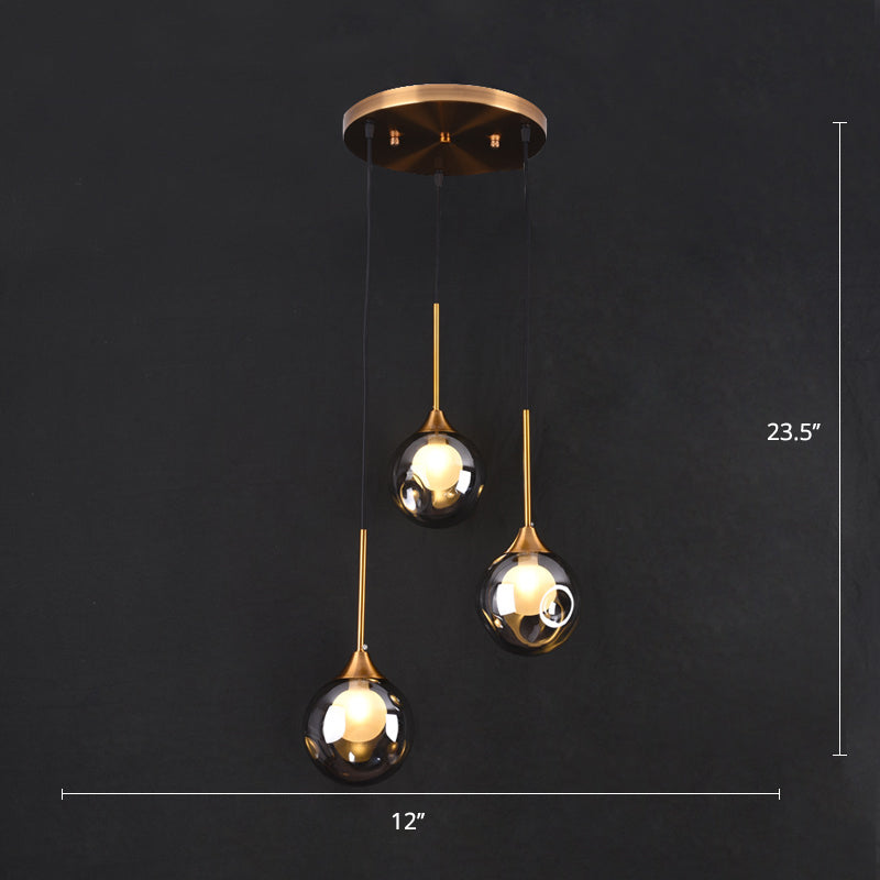 Ball Down Lighting Pendant Minimalism Glass 3-Head Dining Room Multiple Hanging Light Smoke Gray Round Clearhalo 'Ceiling Lights' 'Modern Pendants' 'Modern' 'Pendant Lights' 'Pendants' Lighting' 2408794