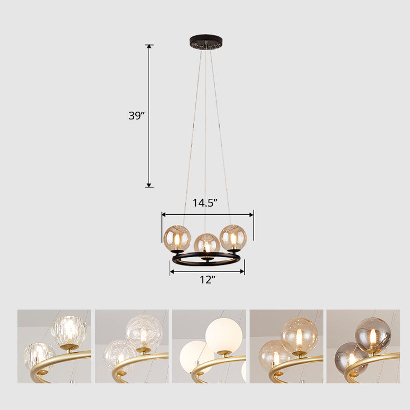 Circular Metal Pendant Chandelier Postmodern Suspension Light Fixture with Ball Glass Shade 3 Black Clearhalo 'Ceiling Lights' 'Chandeliers' 'Modern Chandeliers' 'Modern' Lighting' 2408860