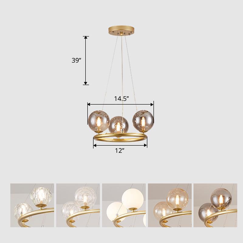 Circular Metal Pendant Chandelier Postmodern Suspension Light Fixture with Ball Glass Shade 3 Gold Clearhalo 'Ceiling Lights' 'Chandeliers' 'Modern Chandeliers' 'Modern' Lighting' 2408861
