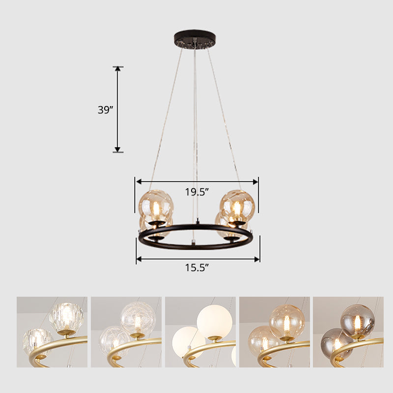 Circular Metal Pendant Chandelier Postmodern Suspension Light Fixture with Ball Glass Shade 4 Black Clearhalo 'Ceiling Lights' 'Chandeliers' 'Modern Chandeliers' 'Modern' Lighting' 2408863