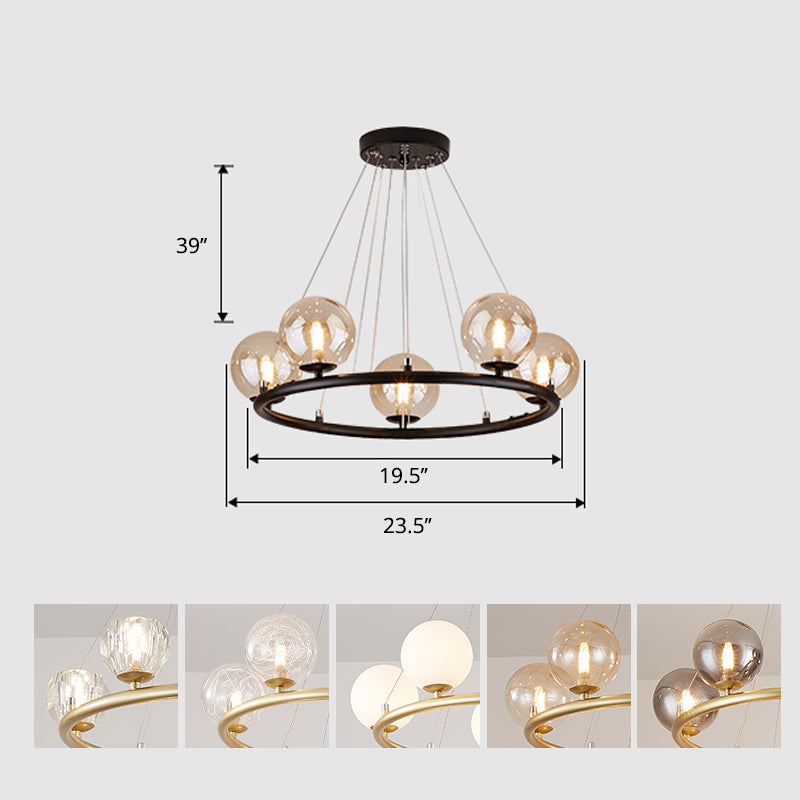 Circular Metal Pendant Chandelier Postmodern Suspension Light Fixture with Ball Glass Shade 5 Black Clearhalo 'Ceiling Lights' 'Chandeliers' 'Modern Chandeliers' 'Modern' Lighting' 2408867