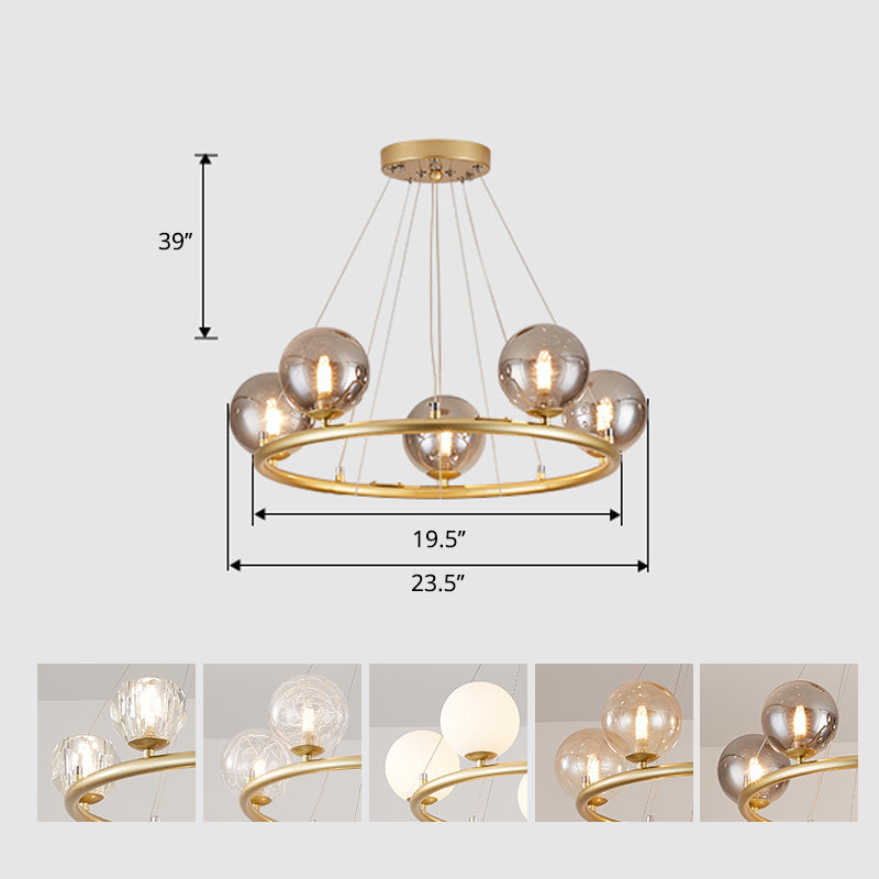 Circular Metal Pendant Chandelier Postmodern Suspension Light Fixture with Ball Glass Shade 5 Gold Clearhalo 'Ceiling Lights' 'Chandeliers' 'Modern Chandeliers' 'Modern' Lighting' 2408869