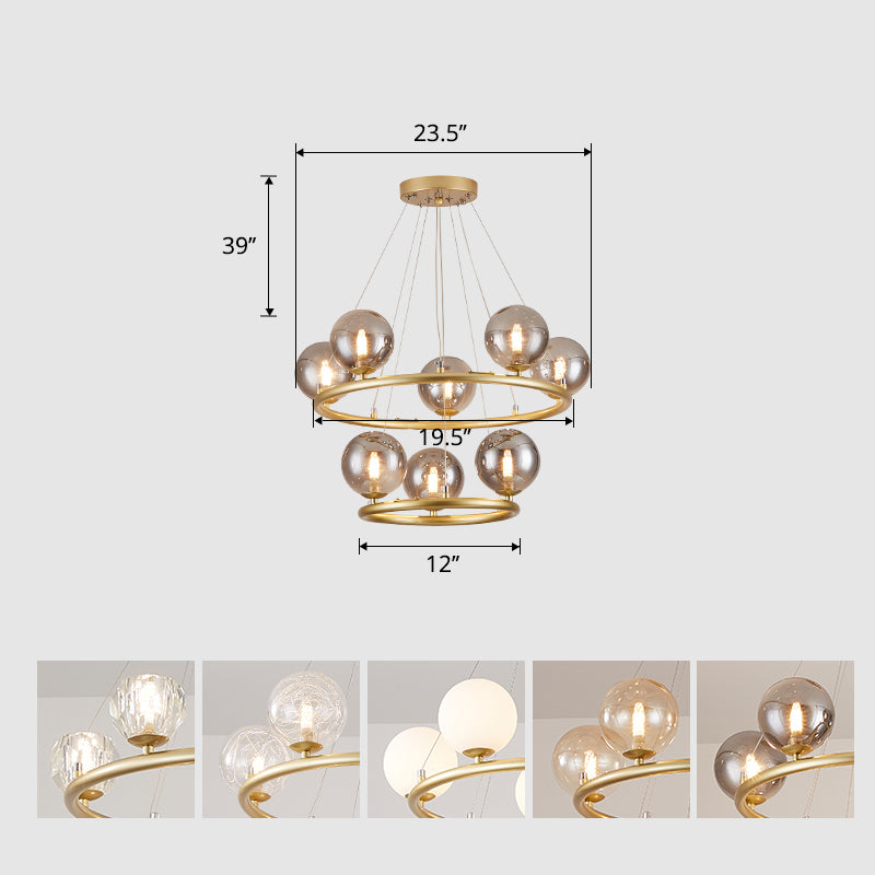 Circular Metal Pendant Chandelier Postmodern Suspension Light Fixture with Ball Glass Shade 8 Gold Clearhalo 'Ceiling Lights' 'Chandeliers' 'Modern Chandeliers' 'Modern' Lighting' 2408871