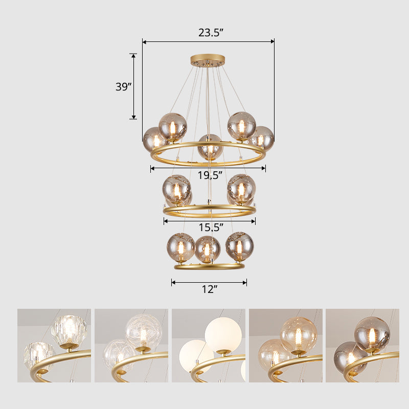 Circular Metal Pendant Chandelier Postmodern Suspension Light Fixture with Ball Glass Shade 12 Gold Clearhalo 'Ceiling Lights' 'Chandeliers' 'Modern Chandeliers' 'Modern' Lighting' 2408873