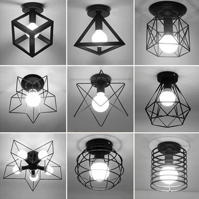 Black Caged Semi Flush Ceiling Light Industrial Iron 1-Light Corridor Flush Mount Light Clearhalo 'Ceiling Lights' 'Close To Ceiling Lights' 'Close to ceiling' 'Semi-flushmount' Lighting' 2409080