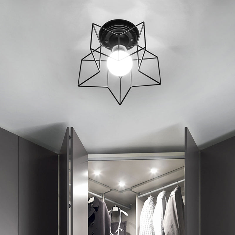 Black Caged Semi Flush Ceiling Light Industrial Iron 1-Light Corridor Flush Mount Light Black Star Clearhalo 'Ceiling Lights' 'Close To Ceiling Lights' 'Close to ceiling' 'Semi-flushmount' Lighting' 2409081