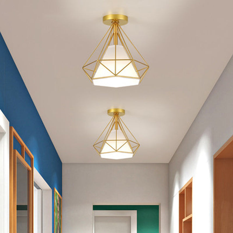 Single-Bulb Diamond Ceiling Lamp Vintage Metal Semi Mount Lighting with Fabric Shade Inside Gold Clearhalo 'Ceiling Lights' 'Close To Ceiling Lights' 'Close to ceiling' 'Semi-flushmount' Lighting' 2409091