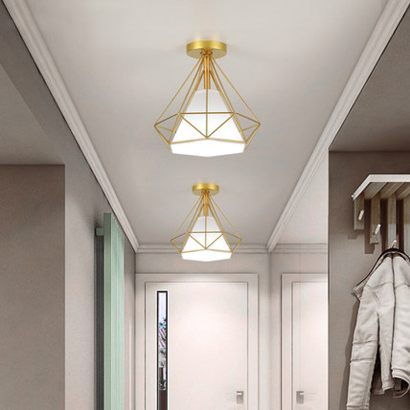 Single-Bulb Diamond Ceiling Lamp Vintage Metal Semi Mount Lighting with Fabric Shade Inside Clearhalo 'Ceiling Lights' 'Close To Ceiling Lights' 'Close to ceiling' 'Semi-flushmount' Lighting' 2409093