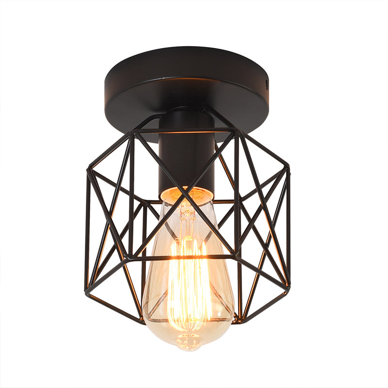 Hexagonal Balcony Ceiling Light Industrial Iron 1-Bulb Semi Flush Mount Light Fixture Clearhalo 'Ceiling Lights' 'Close To Ceiling Lights' 'Close to ceiling' 'Semi-flushmount' Lighting' 2409099