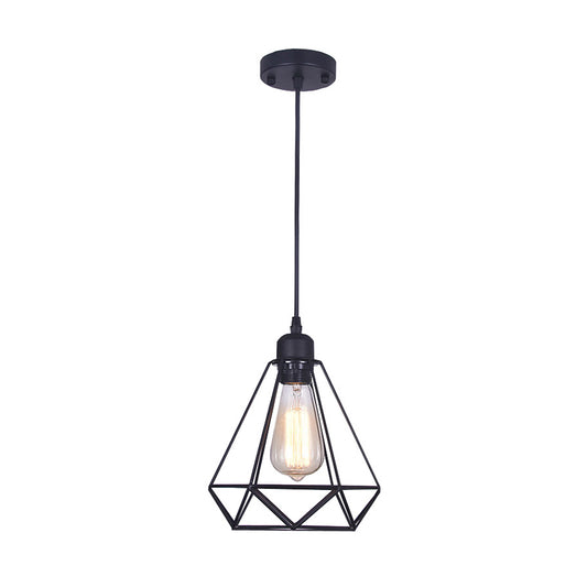 Black Diamond Cage Pendant Lamp Retro Iron 1 Head Bedroom Suspension Light Fixture Clearhalo 'Art Deco Pendants' 'Black' 'Cast Iron' 'Ceiling Lights' 'Ceramic' 'Crystal' 'Industrial Pendants' 'Industrial' 'Metal' 'Middle Century Pendants' 'Pendant Lights' 'Pendants' 'Rustic Pendants' 'Tiffany' Lighting' 2409131