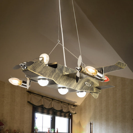 Boys Bedroom Fighter Airplane Chandelier Metal 8 Lights Antique Brass Pendant Light Clearhalo 'Ceiling Lights' 'Chandeliers' Lighting' options 240914