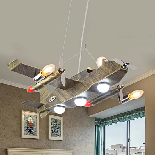 Boys Bedroom Fighter Airplane Chandelier Metal 8 Lights Antique Brass Pendant Light Clearhalo 'Ceiling Lights' 'Chandeliers' Lighting' options 240915