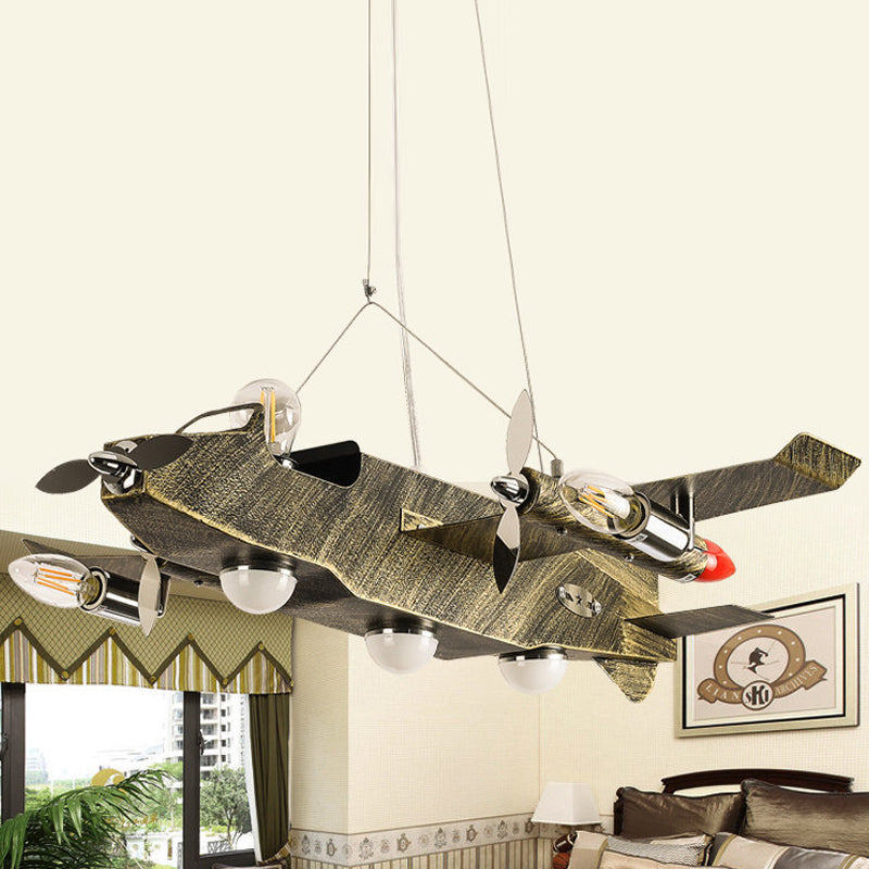 Boys Bedroom Fighter Airplane Chandelier Metal 8 Lights Antique Brass Pendant Light Clearhalo 'Ceiling Lights' 'Chandeliers' Lighting' options 240916