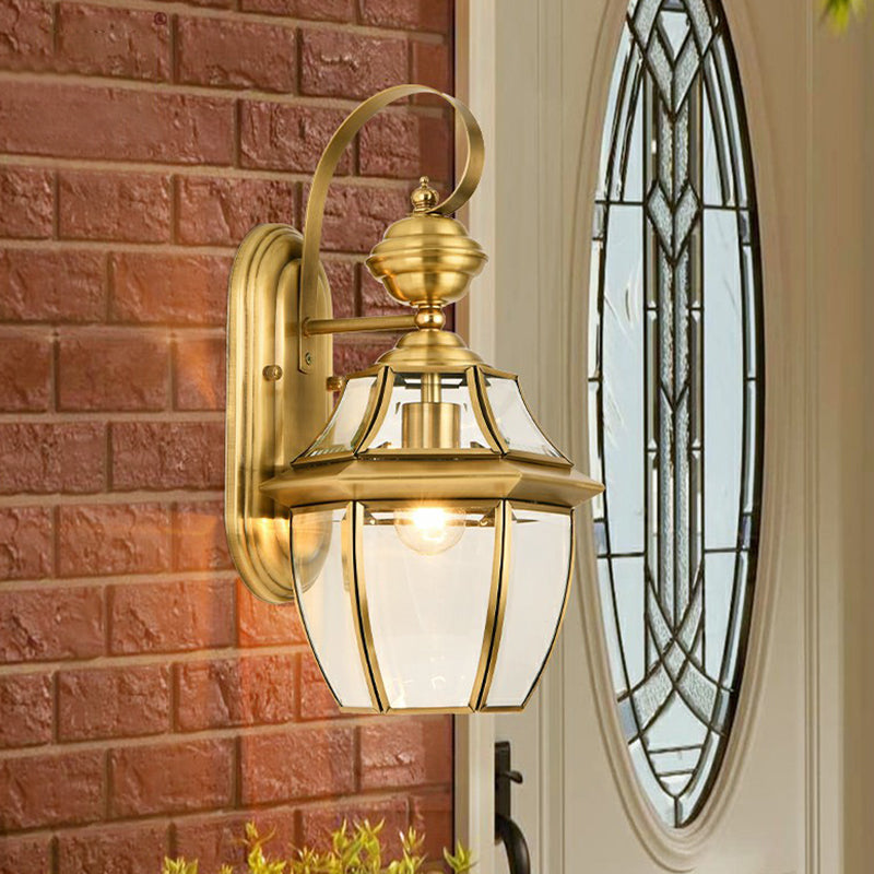 Brass Lantern Wall Sconce Traditional Clear Glass Outdoor Wall Mounted Light Fixture Brass Oval Clearhalo 'Wall Lamps & Sconces' 'Wall Lights' Lighting' 2409166