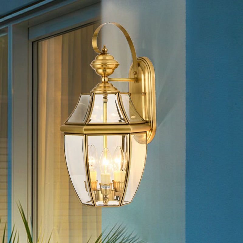 Brass Lantern Wall Sconce Traditional Clear Glass Outdoor Wall Mounted Light Fixture Brass Tower Clearhalo 'Wall Lamps & Sconces' 'Wall Lights' Lighting' 2409168