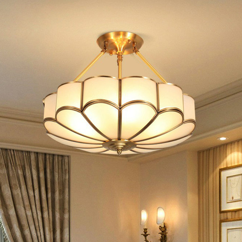 Cream Glass Flower Suspension Light Minimalist Bedroom Chandelier Pendant in Brass Clearhalo 'Ceiling Lights' 'Chandeliers' Lighting' options 2409190