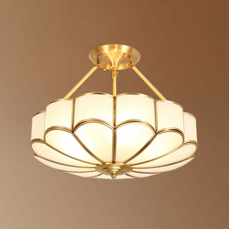 Cream Glass Flower Suspension Light Minimalist Bedroom Chandelier Pendant in Brass 4 Brass Clearhalo 'Ceiling Lights' 'Chandeliers' Lighting' options 2409192_5f1a0807-3c4b-4902-905f-9446a3794ffe