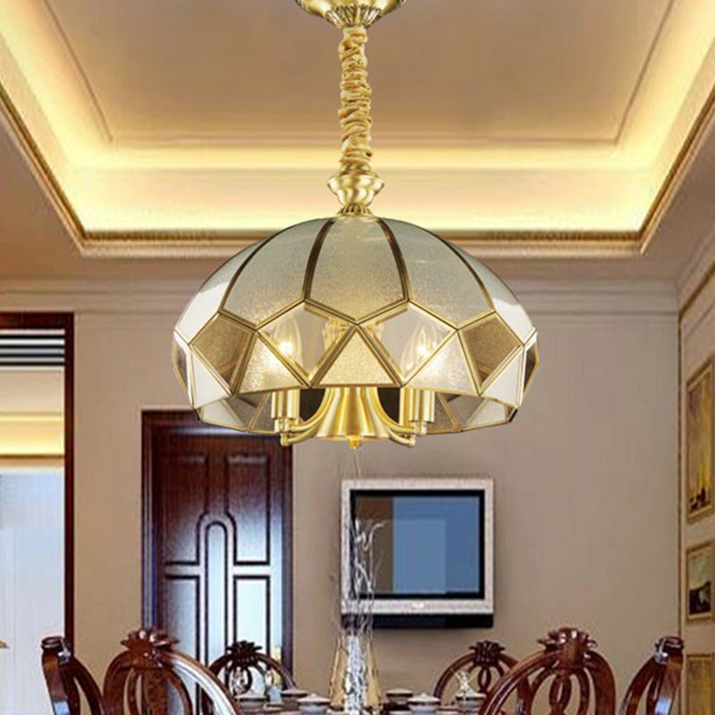 5 Lights Pendant Chandelier Antique Style Domed Frosted Glass Hanging Light in Brass Clearhalo 'Ceiling Lights' 'Chandeliers' Lighting' options 2409194