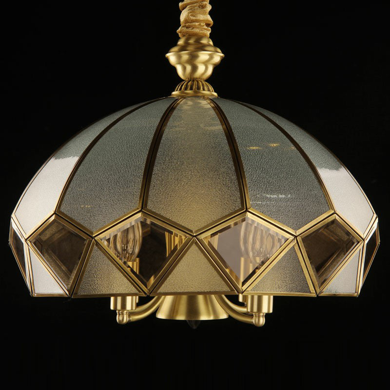 5 Lights Pendant Chandelier Antique Style Domed Frosted Glass Hanging Light in Brass Clearhalo 'Ceiling Lights' 'Chandeliers' Lighting' options 2409196