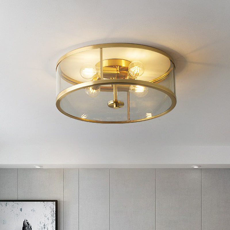 4-Bulb Drum Flush Ceiling Light Simplicity Brass Clear Glass Flush Mount Light for Bedroom Brass Clearhalo 'Ceiling Lights' 'Close To Ceiling Lights' 'Close to ceiling' 'Flush mount' Lighting' 2409205