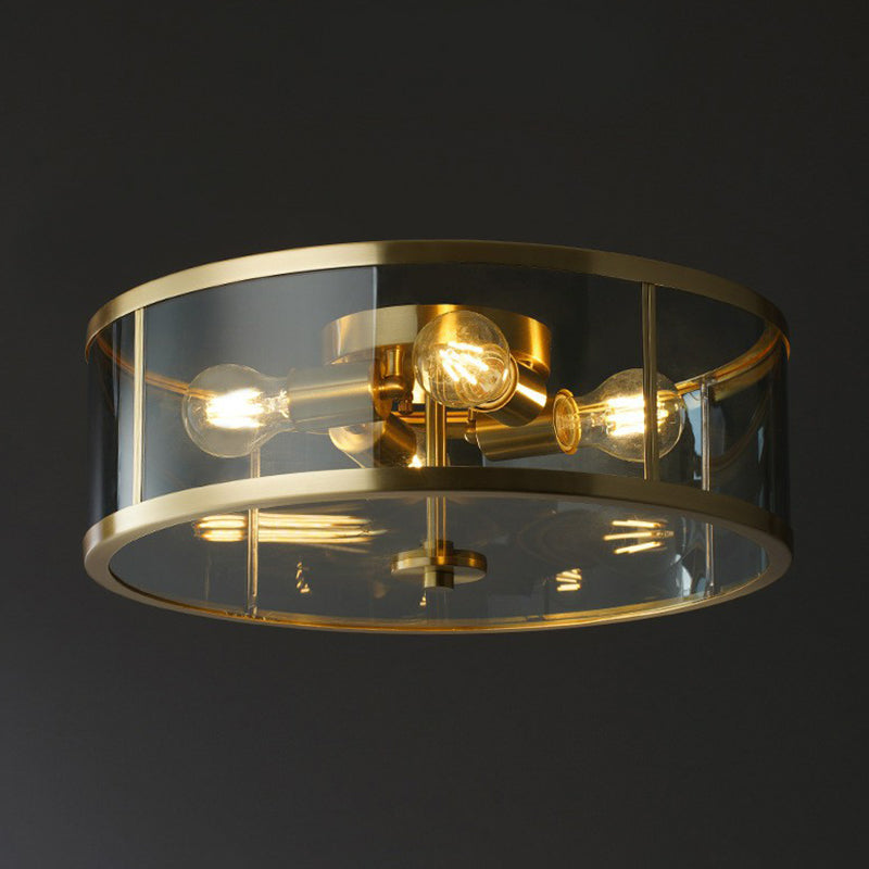 4-Bulb Drum Flush Ceiling Light Simplicity Brass Clear Glass Flush Mount Light for Bedroom Clearhalo 'Ceiling Lights' 'Close To Ceiling Lights' 'Close to ceiling' 'Flush mount' Lighting' 2409207