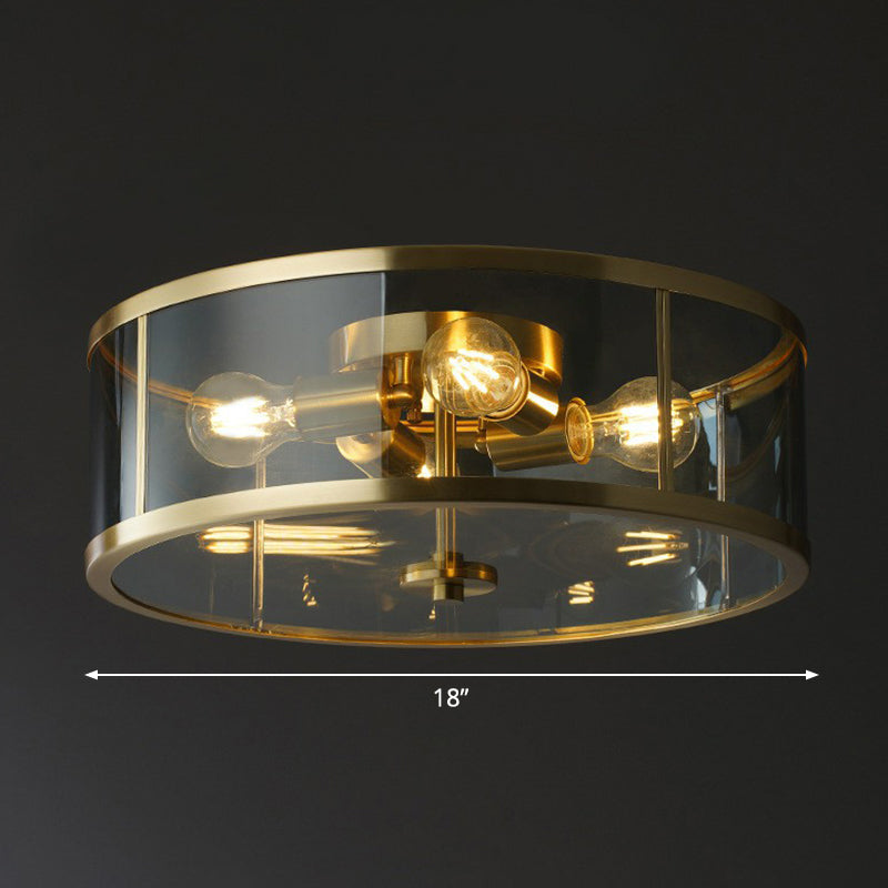 4-Bulb Drum Flush Ceiling Light Simplicity Brass Clear Glass Flush Mount Light for Bedroom Clearhalo 'Ceiling Lights' 'Close To Ceiling Lights' 'Close to ceiling' 'Flush mount' Lighting' 2409209