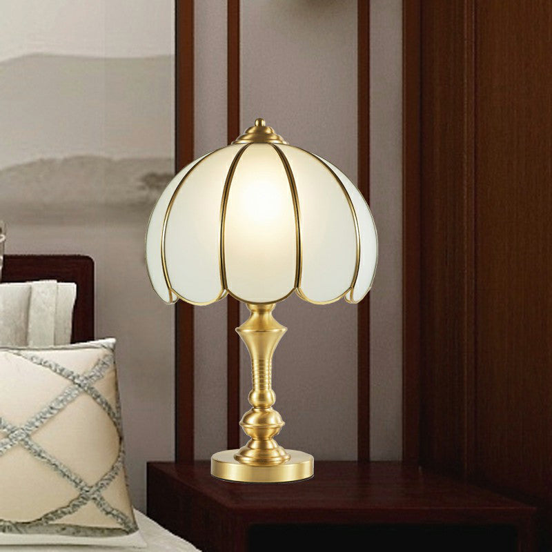 Scalloped Opaque Glass Night Stand Lamp Vintage Style Bedroom Table Light  in Brass