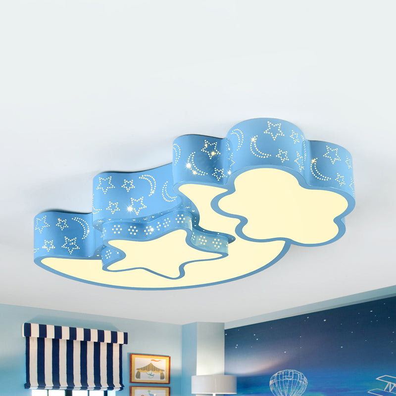 Etched Moon Star Ceiling Light Metal Contemporary Flush Mount Light in Blue for Child Bedroom Blue Clearhalo 'Ceiling Lights' 'Close To Ceiling Lights' 'Close to ceiling' 'Flush mount' Lighting' 240928